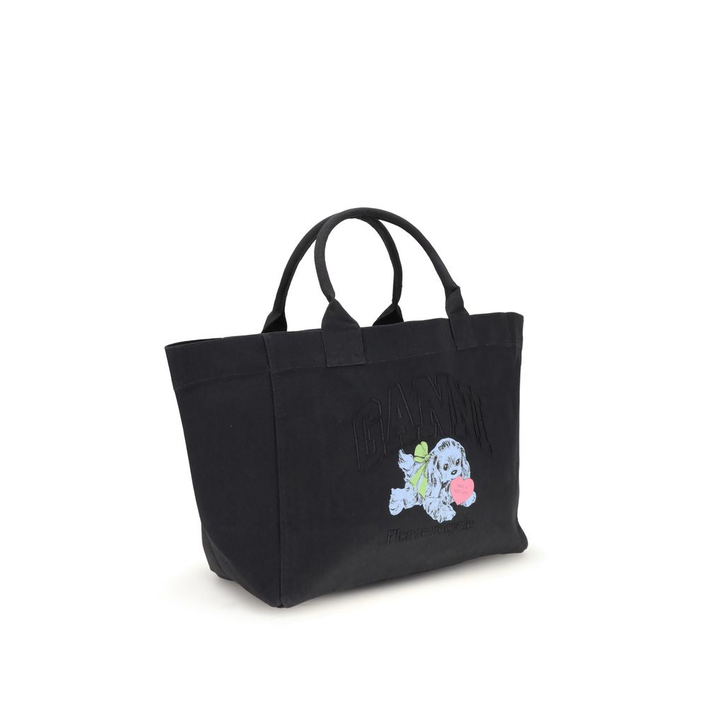 Ganni Black Recycled Cotton Shoulder Bag with puppy print, top handles, and embroidered logo, ideal for stylish and functional use.