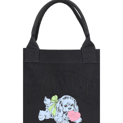 Ganni Black Recycled Cotton Shoulder Bag with puppy print and embroidered logo, featuring top handles and zippered pocket for convenience.