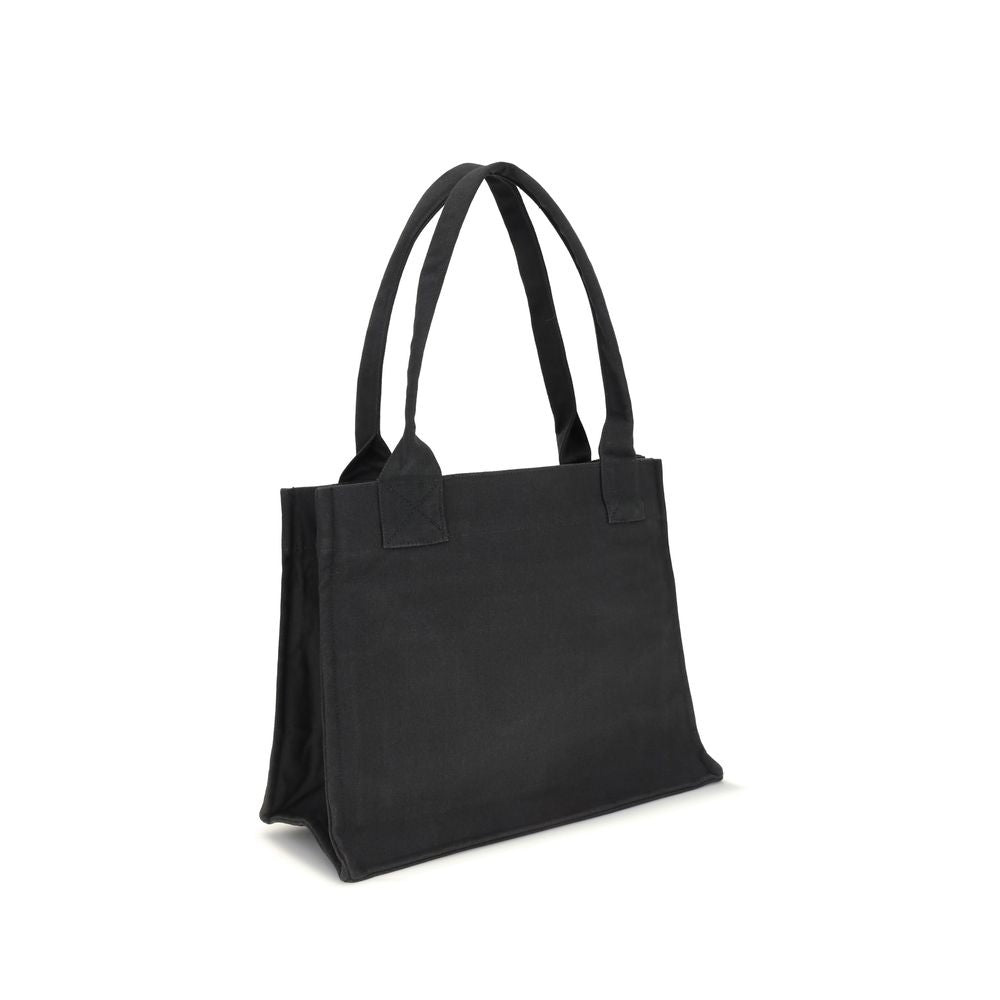 Ganni Black Cotton Shoulder Bag with top handles, featuring a spacious interior and embroidered GANNI logo, designed for daily use.