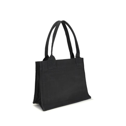 Ganni Black Cotton Shoulder Bag with top handles, featuring a spacious interior and embroidered GANNI logo, designed for daily use.
