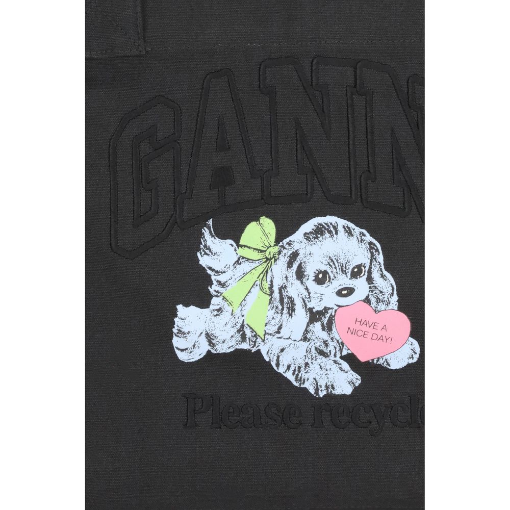 Ganni Black Cotton Shoulder Bag with puppy graphic and embroidered logo