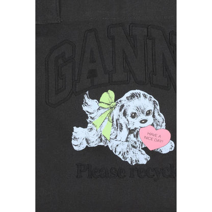 Ganni Black Cotton Shoulder Bag with puppy graphic and embroidered logo