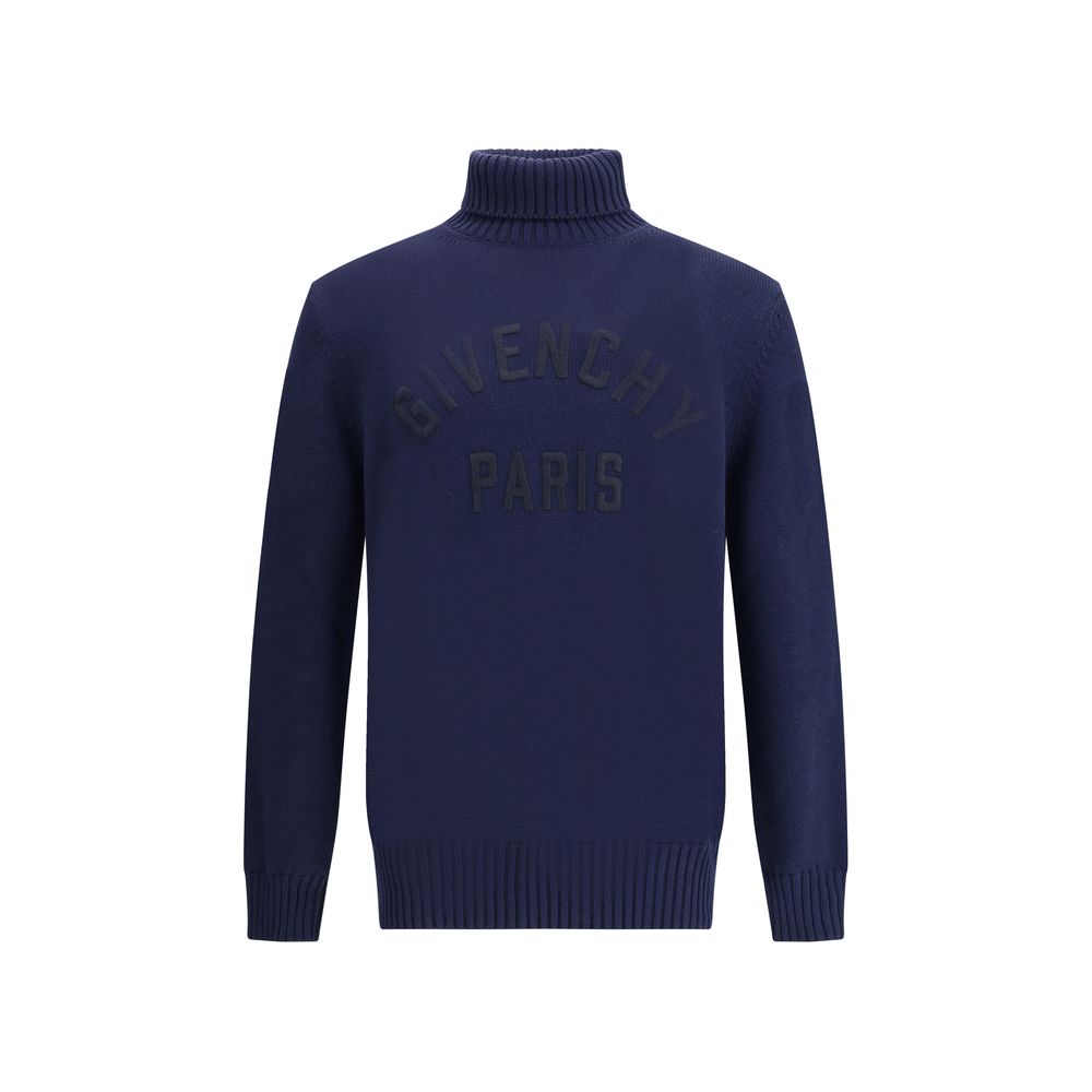 Givenchy Blue Cotton Sweatshirt with ribbed cuffs and hem, high collar, and black embroidered logo on the front, AW25 collection.