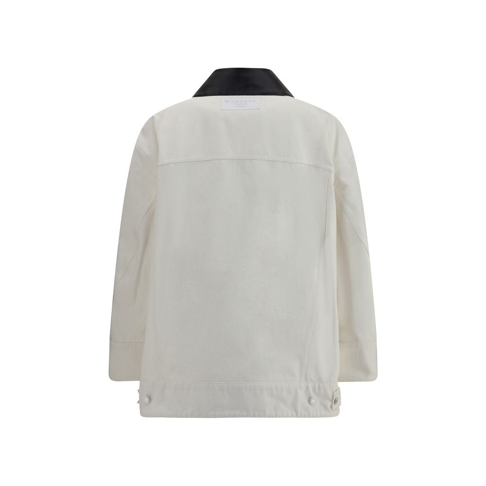 Givenchy White Cotton Denim Jacket with leather collar and logo detail on back, showcasing an oversized urban style.