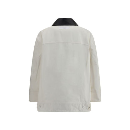 Givenchy White Cotton Denim Jacket with leather collar and logo detail on back, showcasing an oversized urban style.