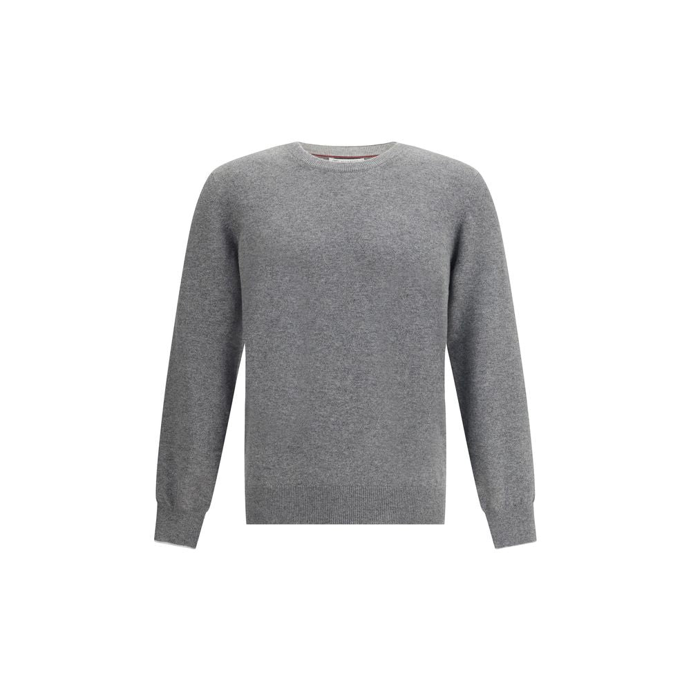 Brunello Cucinelli Gray Cashmere Cashmere Sweater with ribbed crew neck, cuffs, and hem, showcasing luxury and simplicity in men's fashion.