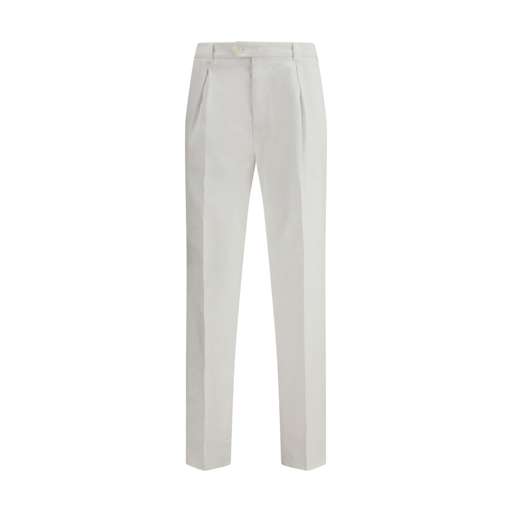 Brunello Cucinelli White Cotton Casual Pants with elegant gabardine material and classic silhouette, featuring American-style pockets.