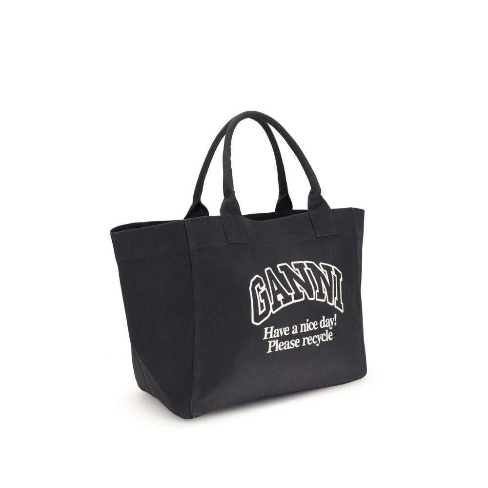 Ganni Black Cotton Shoulder Bag with logo, spacious interior, top handles, and interior zippered pocket. Ideal for versatile use. AW25 season.