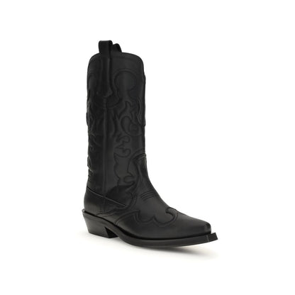 Ganni Black Recycled Leather Boots with embroidered Western design, mid-calf style, pointed toe, low angled heel, AW25 collection.