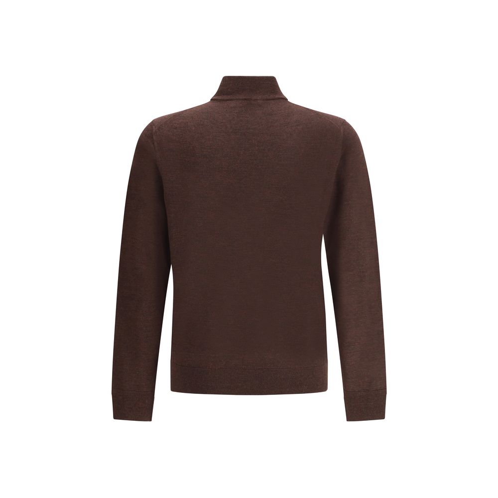 Cruna Brown Wool Turtleneck with high ribbed collar, perfect for winter elegance. 100% wool, regular fit for warmth and comfort.