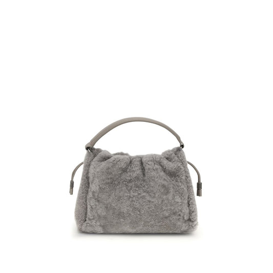 Brunello Cucinelli Gray Fur Shoulder Bag with leather strap and drawstring, featuring elegant shearling design and nickel-free details.