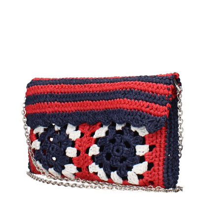 Miu Miu Multicolor Raffia Clutch Bag with removable shoulder chain, featuring a vibrant red, navy, and white crocheted design.