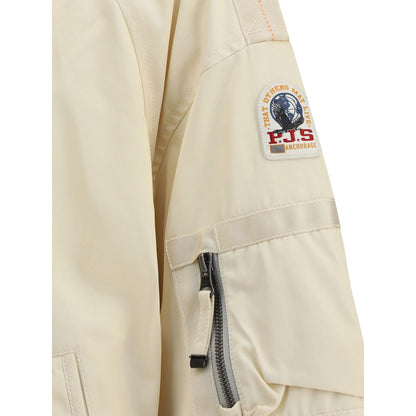 Close-up of Parajumpers White Polyester Clothing with sleeve patch and zippers, showcasing the reversible bomber's unique design.