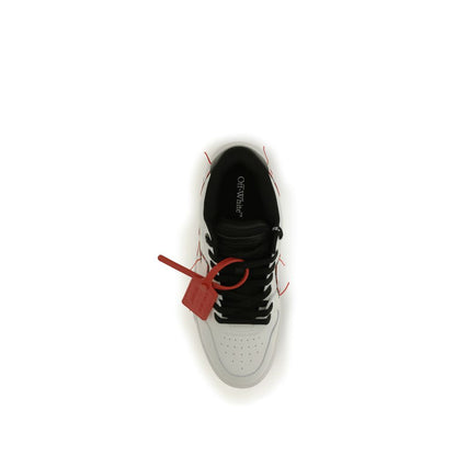 Top view of Off-White White Rubber Low Top Sneakers with black laces and a red tag, showcasing the brand's urban-chic style.