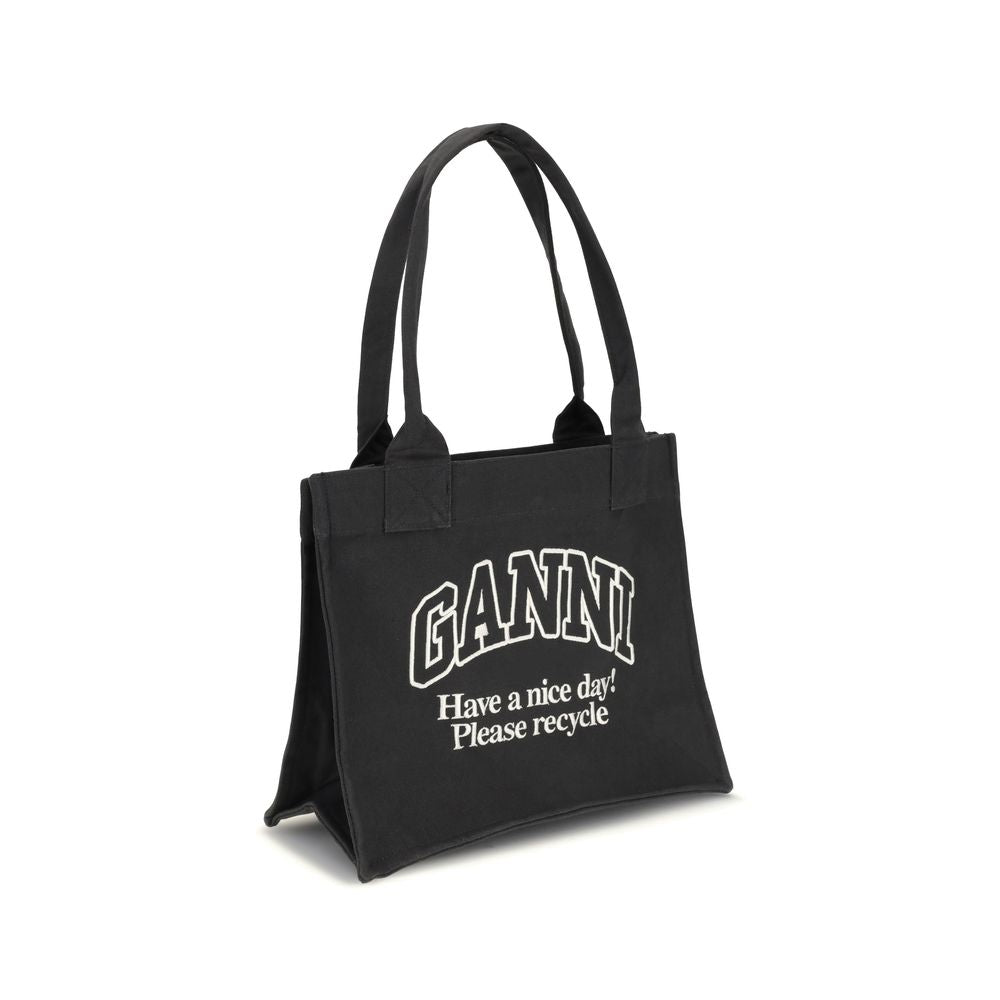 Ganni Black Cotton Shoulder Bag with logo and eco-friendly message, featuring top handles and interior zippered pocket.