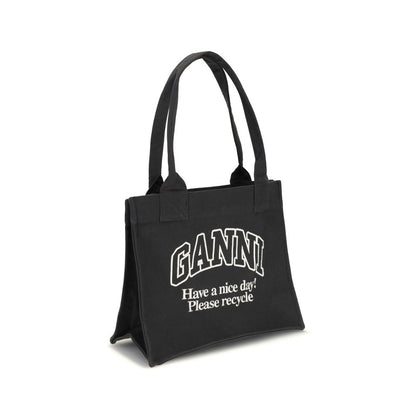 Ganni Black Cotton Shoulder Bag with logo and eco-friendly message, featuring top handles and interior zippered pocket.