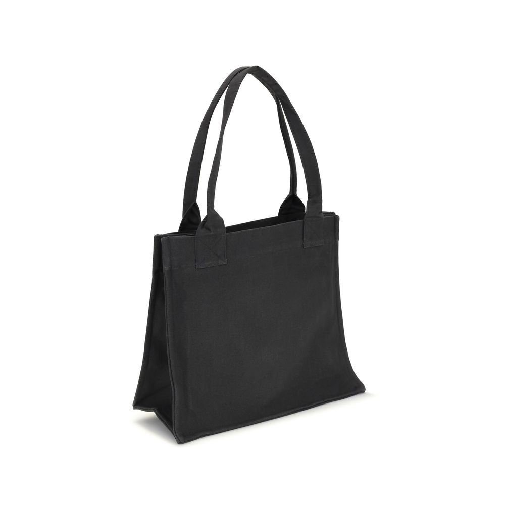 Ganni Black Cotton Shoulder Bag with top handles, recycled cotton lining, and sustainable "Have a nice day! Please recycle" message.
