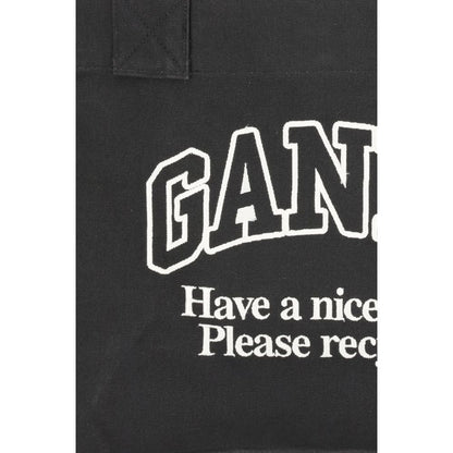 Ganni Black Cotton Shoulder Bag featuring logo and sustainability message "Have a Nice Day! Please Recycle", made with recycled cotton.