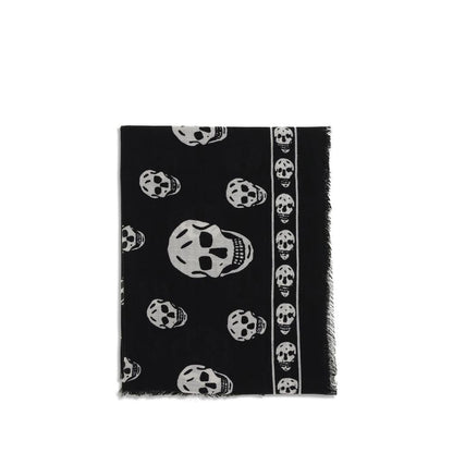 Alexander McQueen Black Modal Scarf with skull motif and fringed edges, crafted from a silk-modal blend, perfect for AW25 season.