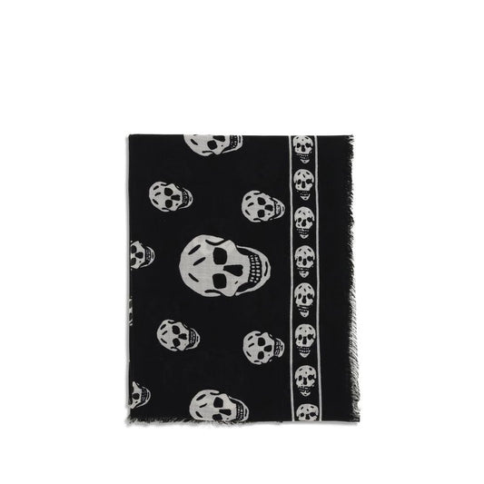 Alexander McQueen Black Modal Scarf with skull motif and fringed edges, crafted from a silk-modal blend, perfect for AW25 season.