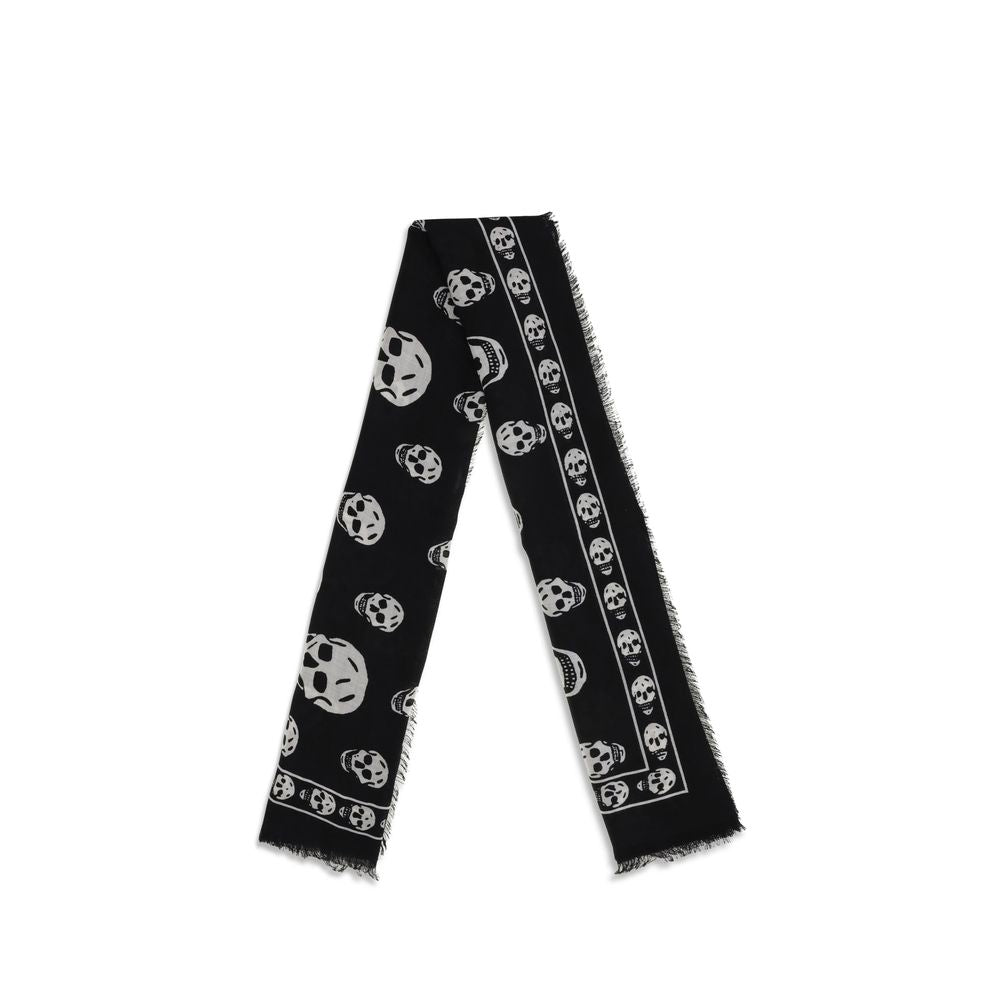 Alexander McQueen Black Modal Scarf with Skull motif, fringed edges, and McQueen logo in black and dark grey, crafted from silk blend.