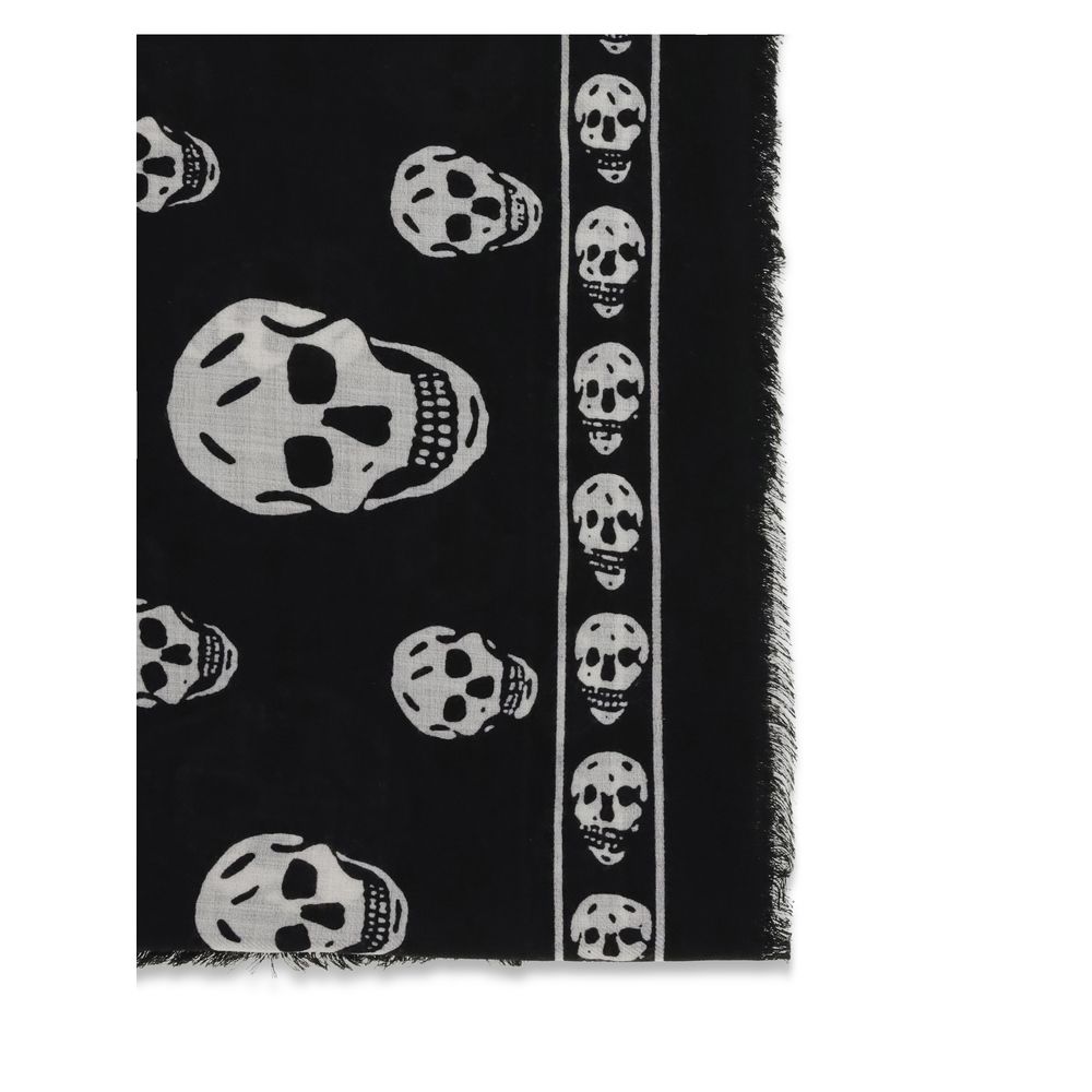 Alexander McQueen Black Modal Scarf with skull motif and fringed edges, featuring McQueen logo, crafted from silk and modal blend.