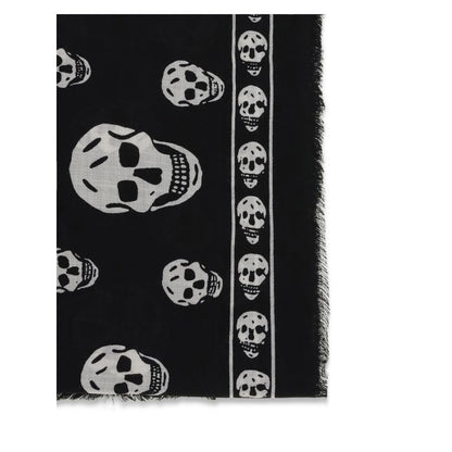 Alexander McQueen Black Modal Scarf with skull motif and fringed edges, featuring McQueen logo, crafted from silk and modal blend.