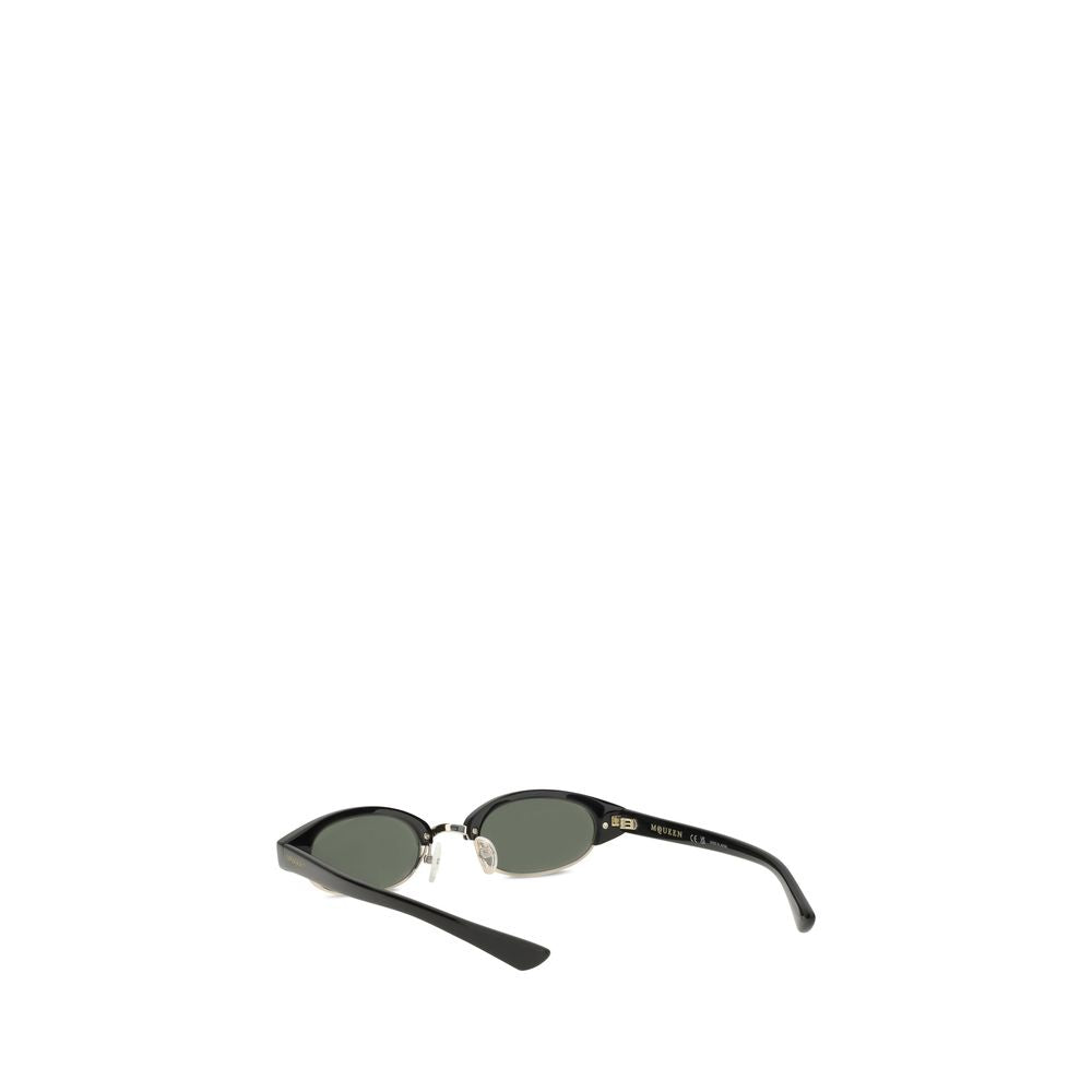 Alexander McQueen Black Acetate Sunglasses with narrow oval silhouette and semi-rimless frame, featuring laser-engraved logo.