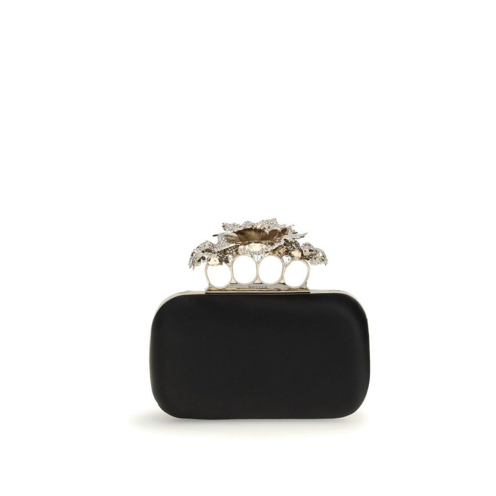 Alexander McQueen Black Silk Clutch Bag with knuckle handle and crystal-encrusted carnation, AW25 collection, 18x18x4 dimensions.