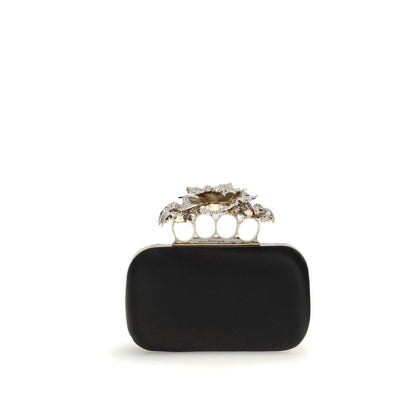 Alexander McQueen Black Silk Clutch Bag with knuckle handle and crystal-encrusted carnation, AW25 collection, 18x18x4 dimensions.