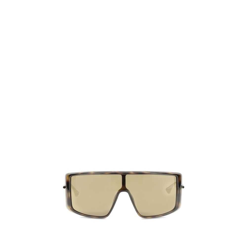 Alexander McQueen Brown Acetate Sunglasses with gold-tone T-Bar temples, tortoiseshell frame, and brown gradient lenses.
