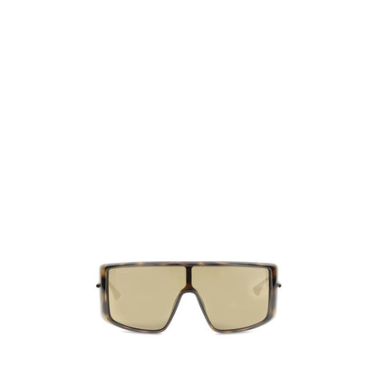 Alexander McQueen Brown Acetate Sunglasses with gold-tone T-Bar temples, tortoiseshell frame, and brown gradient lenses.
