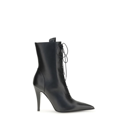 Alexander McQueen Black Calf Leather Bos Taurus Lace-Up Boots with pointed toe and high heel for contemporary elegance.