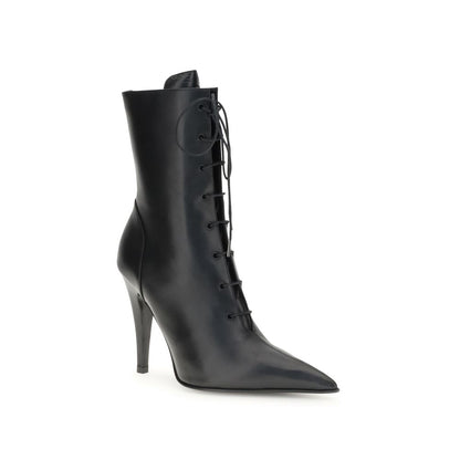 Alexander McQueen Black Calf Leather Bos Taurus Lace-Up Boots with high heel and pointed toe for sophisticated contemporary looks.