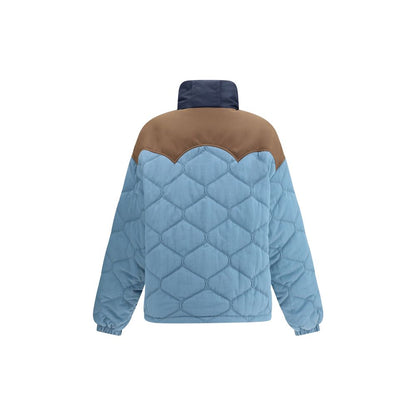 MARBELL Light Blue Polyamide Coat with double-breasted zipper, snap buttons, contrasting shoulders, and quilted design, back view.