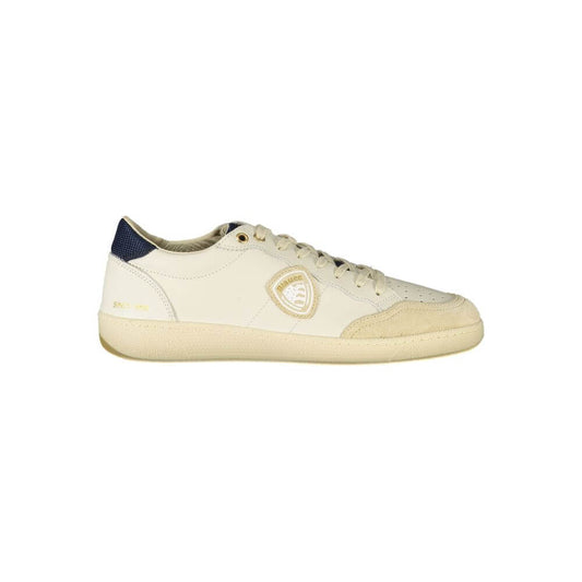 Blauer White Polyester Sneaker with blue contrast details, lace-up design, removable insole, logo, and printed applications.