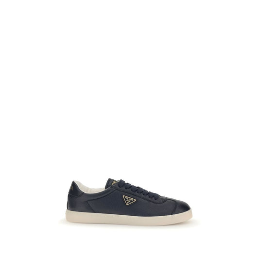 Prada Blue Calf Leather Bos Taurus Low Top Sneakers with embossed logo, iconic triangle, lace-up closure, and padded ankle.