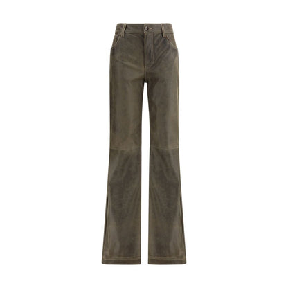 Etro Brown Leather Pants with mid-rise waist, straight fit, zip-and-button closure, and five-pocket design for versatile style.