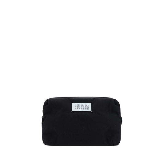 Margiela Black Nylon Shoulder Bag with leather inserts and adjustable strap, front logo, zipper closure, and back pocket. Dimensions 29x29x12.