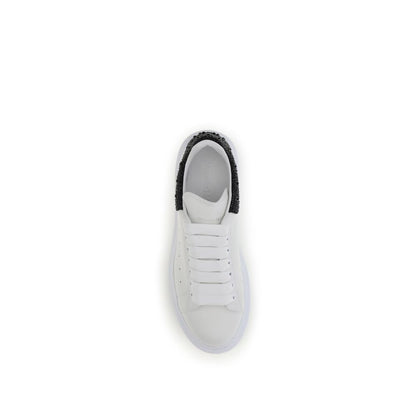 Top view of Alexander McQueen White Leather Chunky Sneakers with black crystal heel and thick rubber sole.