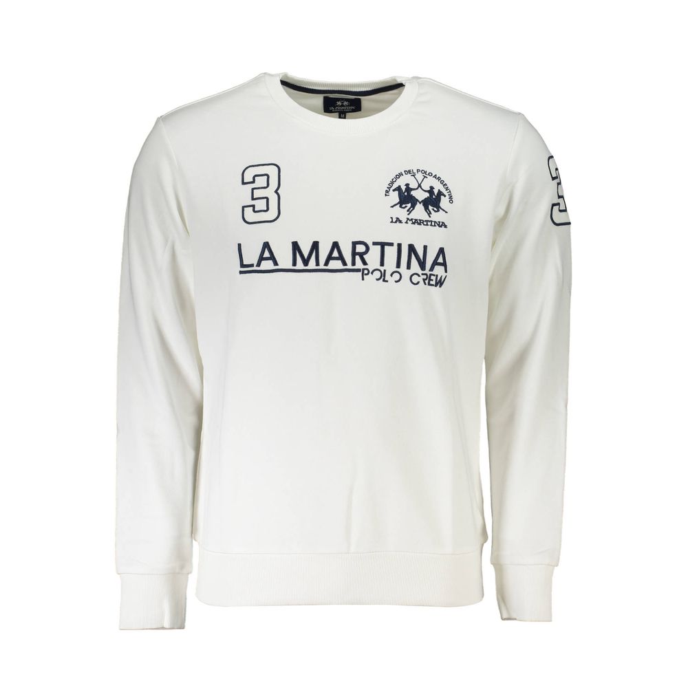 La Martina White Cotton Men's Sweater with embroidery and logos on the front, showcasing sporty and luxurious style.