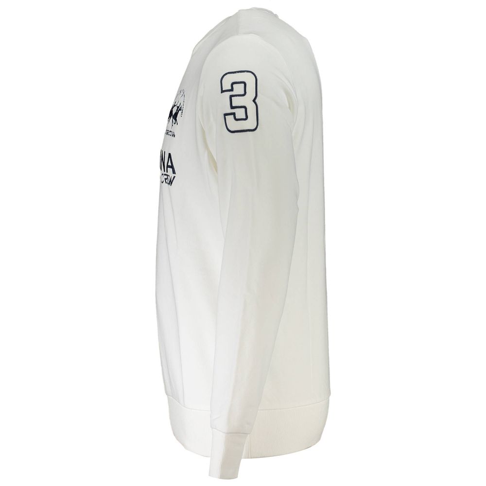 Side view of La Martina White Cotton Men's Sweater with embroidered details and logo on sleeve.