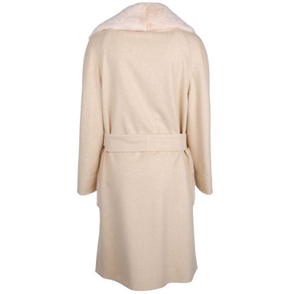 Made in Italy Beige Wool Women Coat with Rabbit Fur Collar, luxury Loro Piana fabric, back view with removable collar and ribbon belt.