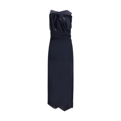 Vivienne Westwood Blue Wool Casual Dress with asymmetric draping and halter neckline.
