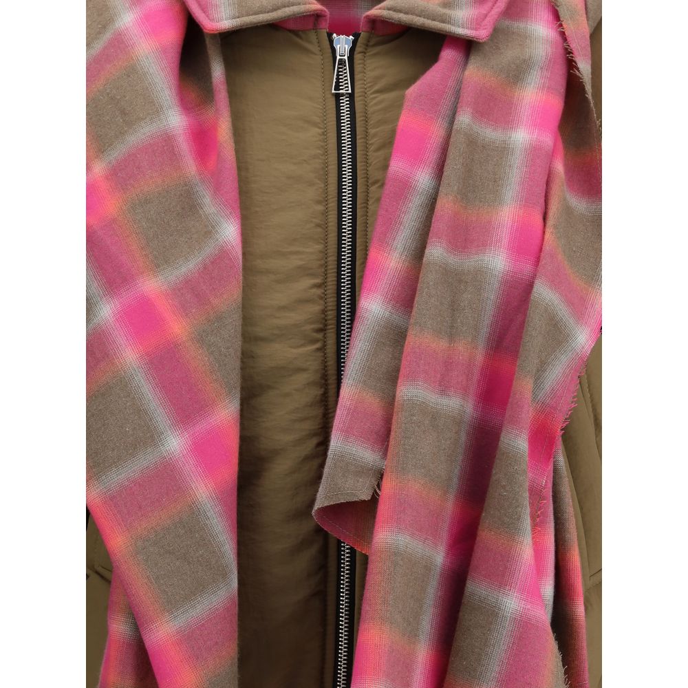 Close-up of the MARBELL Brown Cotton Shell Jacket featuring a front zip closure and integrated plaid maxi scarf. AW25 collection.