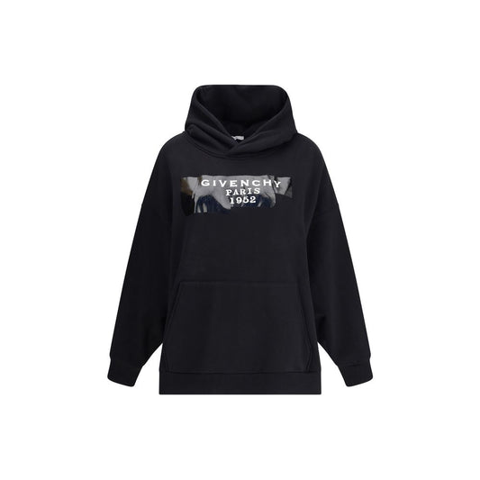 Givenchy Black Cotton Sweatshirt with 3D printed logo, gauzy fabric, hood, pouch pocket, ribbed hem and cuffs, oversized fit.
