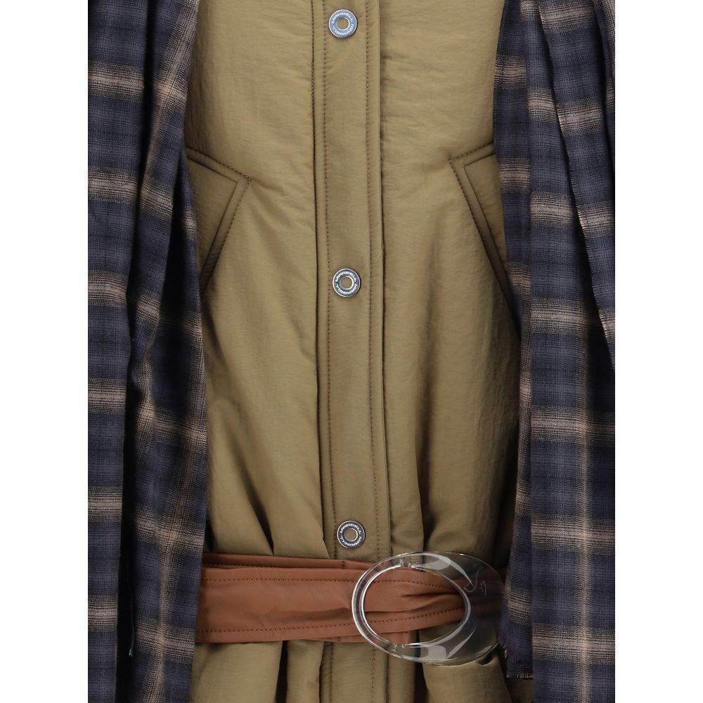 Detailed view of MARBELL Brown Polyamide Full-Length Jacket with belt and scarf, showcasing plaid pattern and button closure, versatile and modern design.
