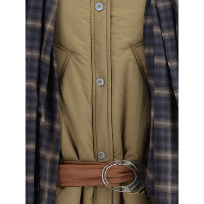 Detailed view of MARBELL Brown Polyamide Full-Length Jacket with belt and scarf, showcasing plaid pattern and button closure, versatile and modern design.