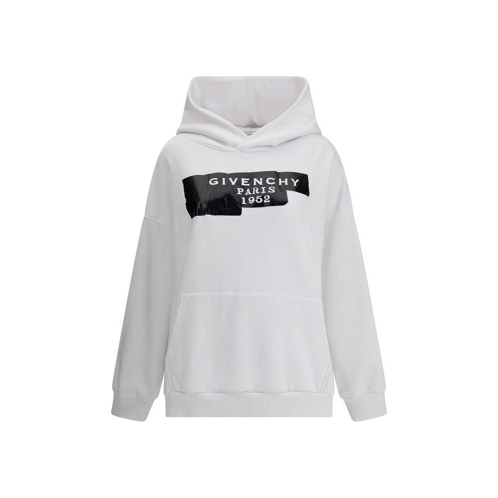 Givenchy White Cotton Sweatshirt with hood, pouch pocket, and ribbed hem, featuring GIVENCHY Tape 3D print. AW25 oversized fit.