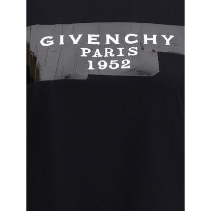 Givenchy Black Cotton T-Shirt with 'GIVENCHY Tape 3D black' print, crew neck, 100% cotton, modern style, front view.